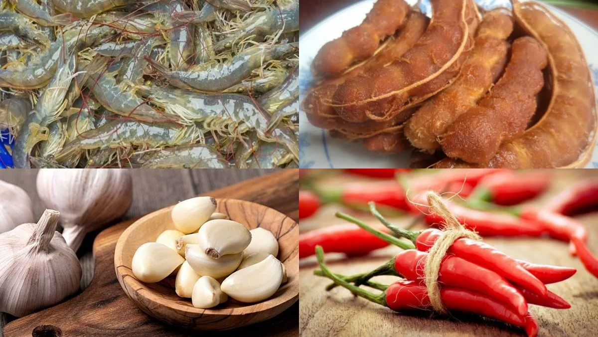 Tôm và me được đặt cạnh nhau trên thớt, chuẩn bị cho món tôm rim me